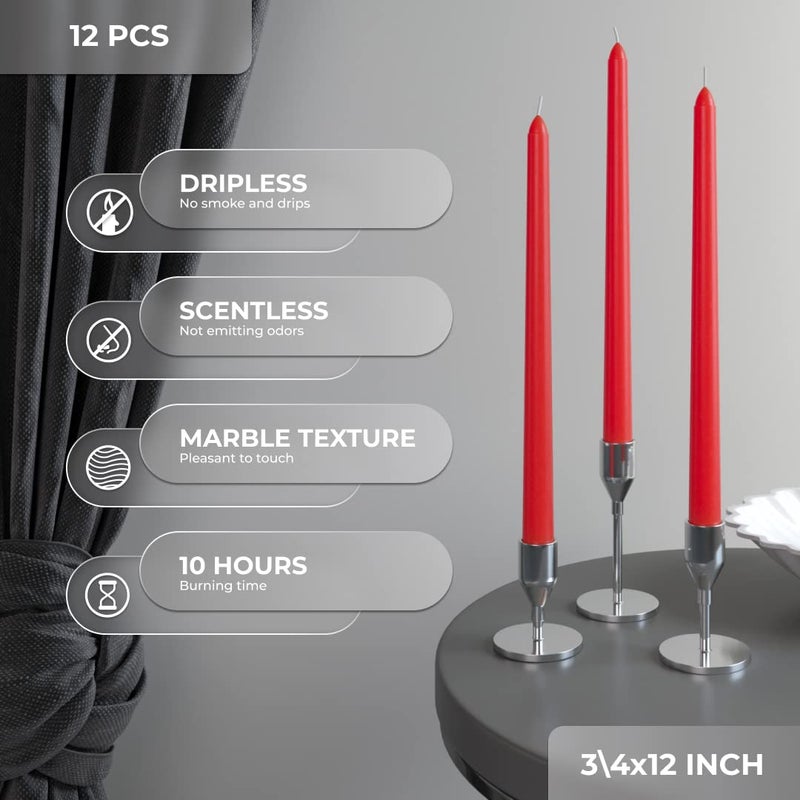 CANDWAX 12 inch Taper Candles Set of 12 - Dripless and Smokeless Candle Unscented - Slow Burning Candle Sticks - Red Candles - Image 3